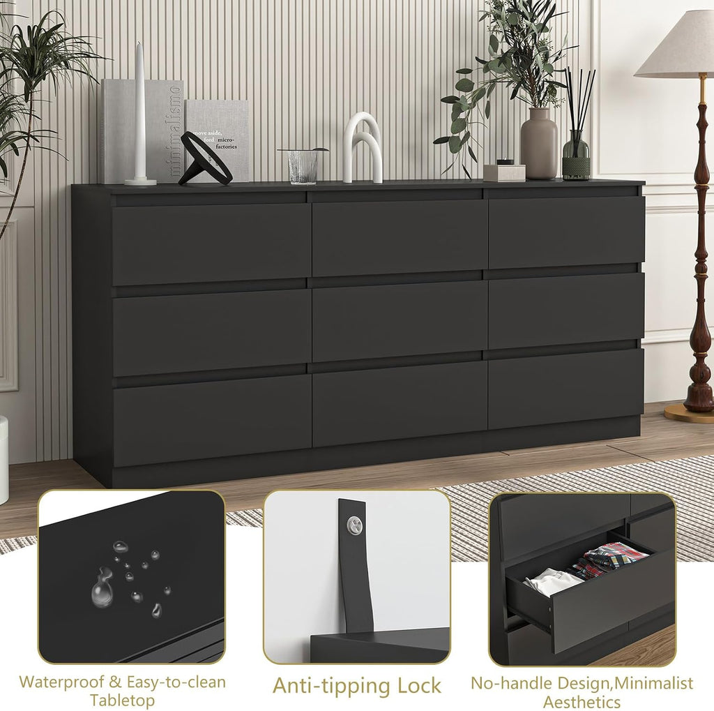 Black 9 Drawer Dresser for Bedroom,Modern Deep Drawer Dresser with No-Handle Design,Wide Storage Chest of Drawers,Wood Bedroom Storage Organizer Furniture for Closet,Hallway