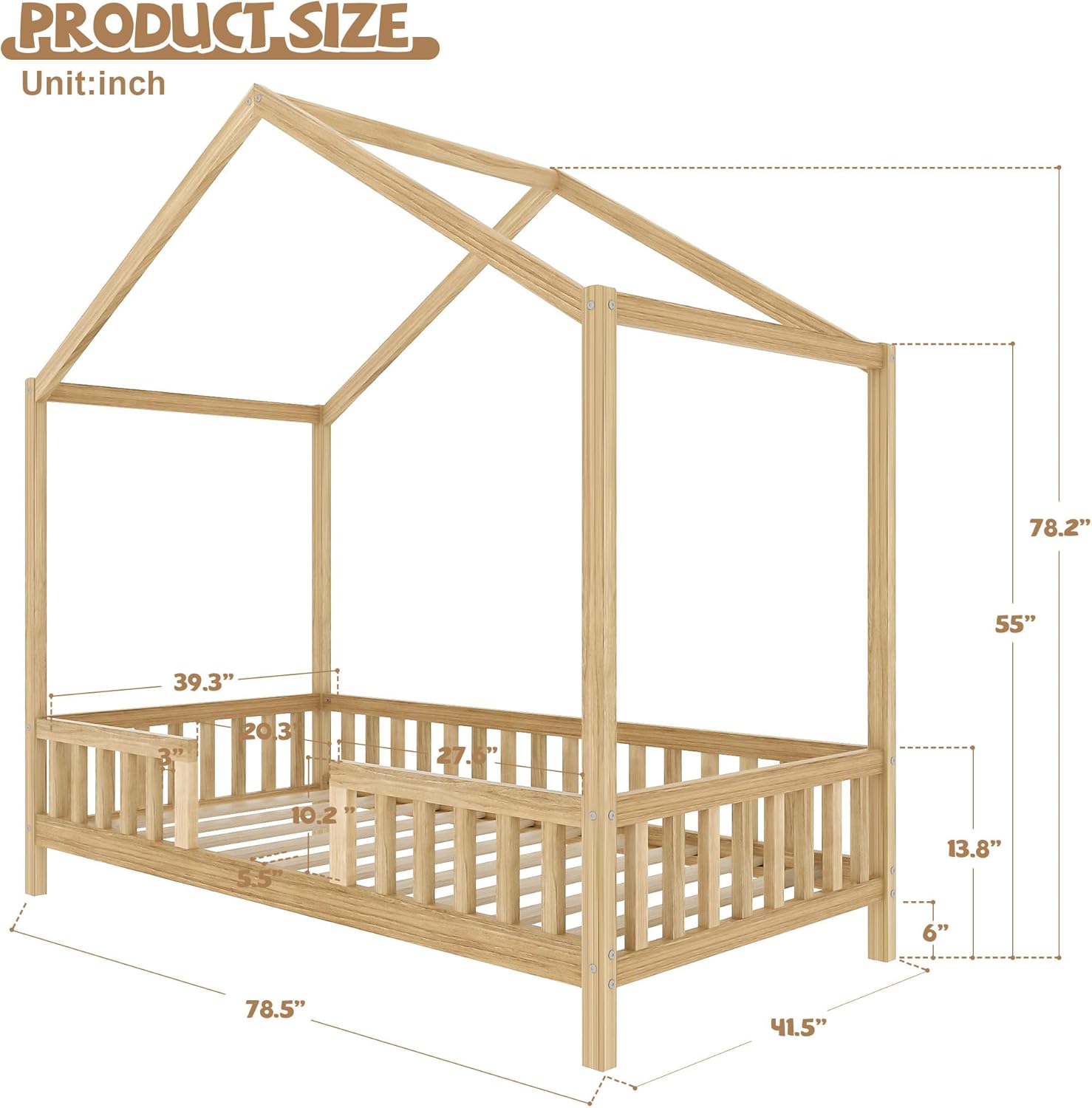 Twin Size House-Shape Bed with Canopy and High Railings, Wood Kids Bed Frame with Roof (Natural, Twin)