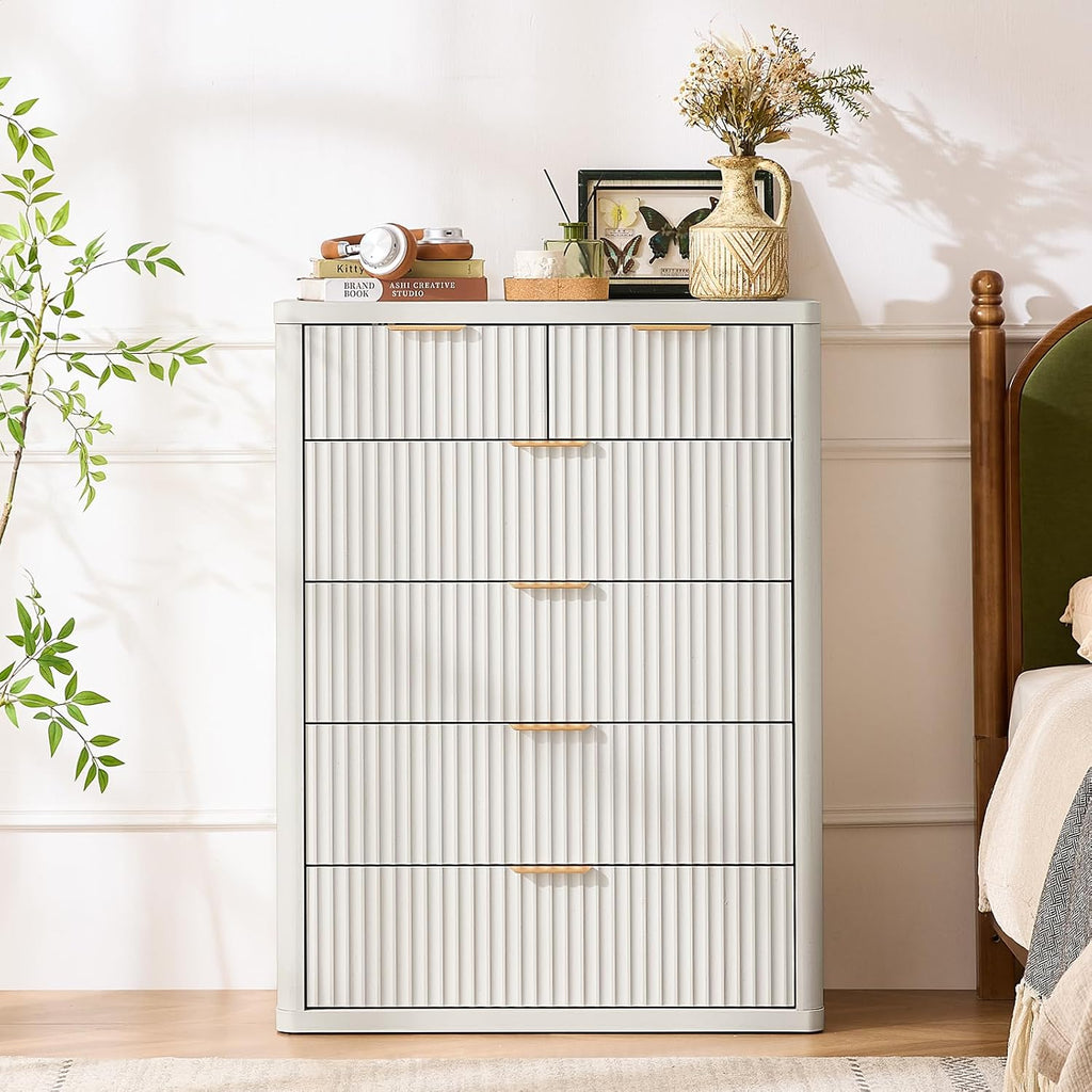 LEYAOYAO Fluted 6 Drawers Dresser for Bedroom, 42' Tall Modern Chest of Drawers with Metal Handle, Curved Profile Design,White Wood Drawer Organizer for Bedroom, Living Room, Hallway, Entryway