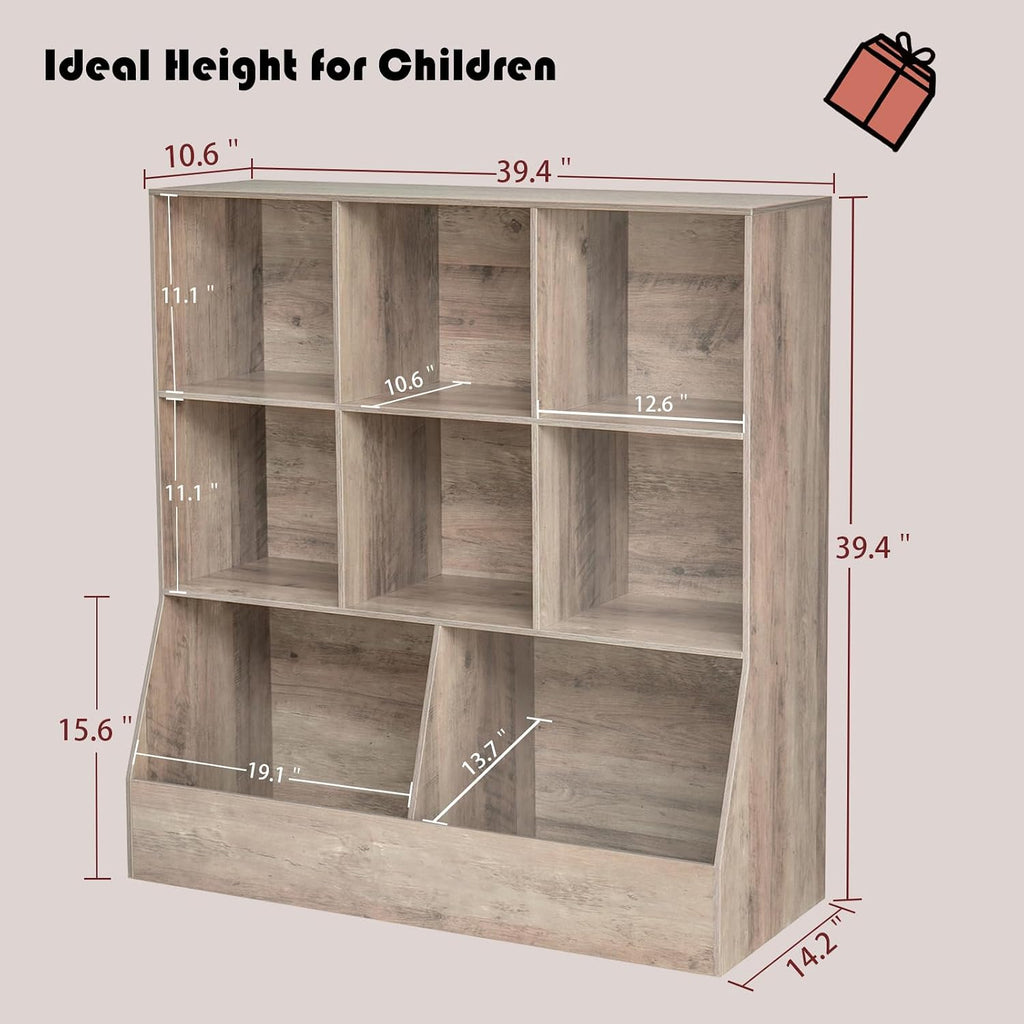 DINZI LVJ Toy Storage Organizer, Kids Bookshelf, Wood Toy Storage Cabinet, 3-Tier 8 Cubby Children Bookcase, 39.4' L Toddler Book Shelf for Playroom, Living Room, Nursery, Hallway, Classroom, Greige