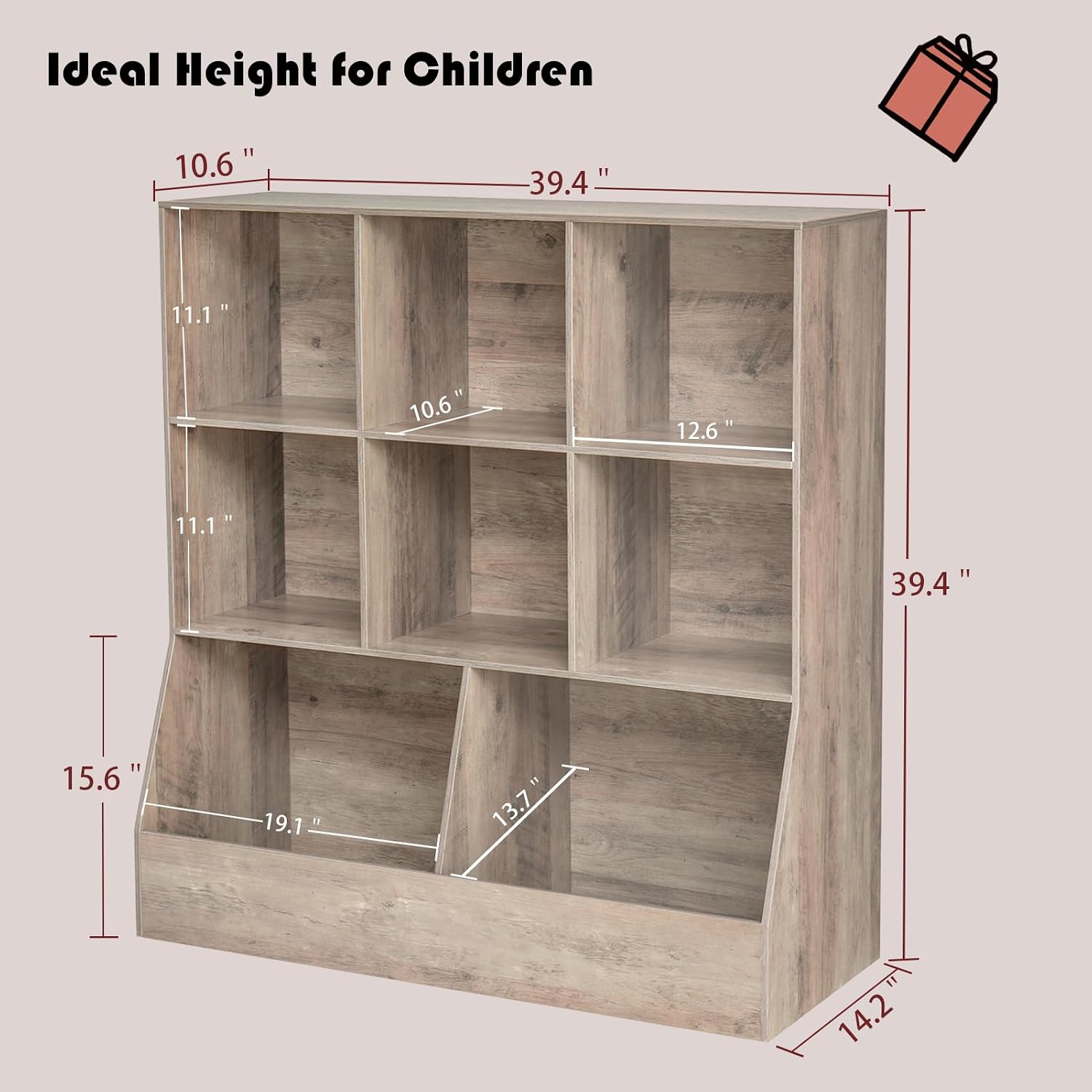 DINZI LVJ Toy Storage Organizer, Kids Bookshelf, Wood Toy Storage Cabinet, 3-Tier 8 Cubby Children Bookcase, 39.4' L Toddler Book Shelf for Playroom, Living Room, Nursery, Hallway, Classroom, Greige