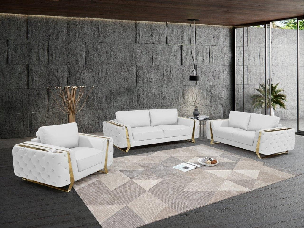 Blackjack Furniture Reggio Collection Full Grain Italian Leather Sofas for Living Room with Brazilian Wood Frame and Stainless Steel Legs, 3-Piece Set, Sofa, Loveseat, and Chair, White