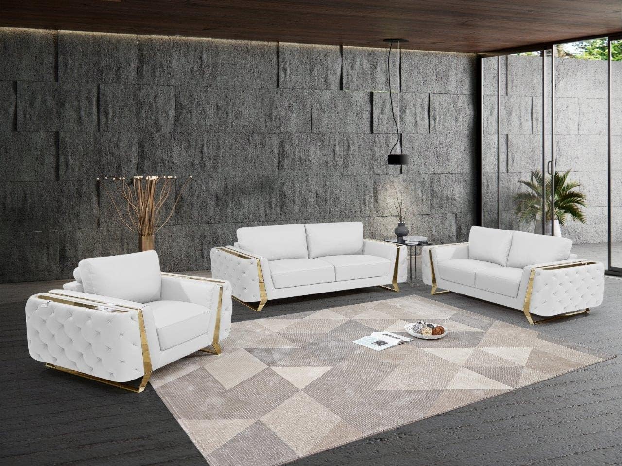 Blackjack Furniture Reggio Collection Full Grain Italian Leather Sofas for Living Room with Brazilian Wood Frame and Stainless Steel Legs, 3-Piece Set, Sofa, Loveseat, and Chair, White