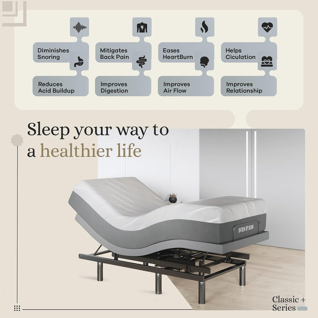 Sven & Son Harmony Adjustable Bed Base, Head and Foot Lift, Massage, Under-Bed Lights, USB, Gel Memory, Zero Gravity Smart Frame - Twin XL + 12 inch Memory Foam Matt (Medium)
