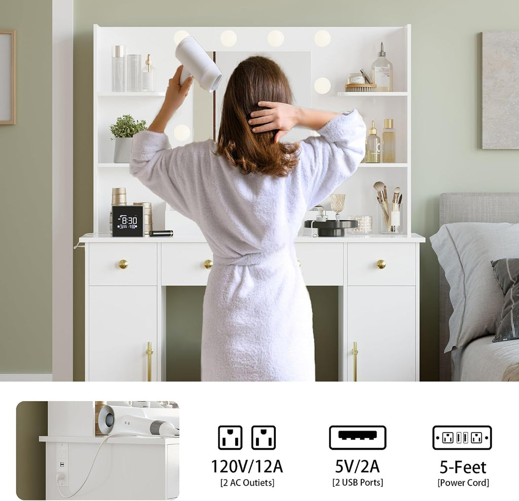 Wodeer Makeup Vanity Desk with Mirror and Lights, 43' White Vanity Set with 3 Drawers, Power Outlet & Adjustable RGB LED Lights, Dressing Table with Storage Shelf for Women & Girls Bedroom