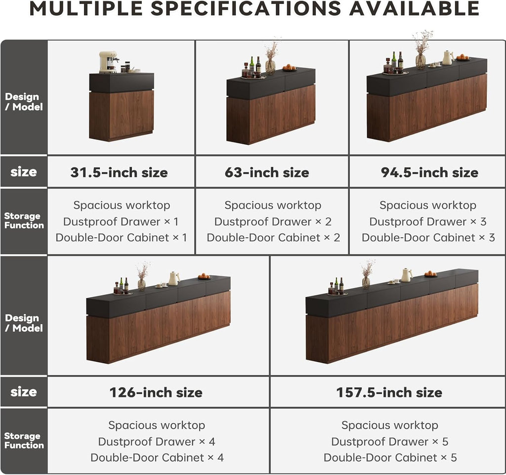 63' Mid-Century Modern Buffet Cabinet Sideboard with Storage, Credenza with Drawers & Doors, Adjustable Shelves & Thickened Back Panel, Coffee Bar Console Table for Dining Room Living Room Kitchen
