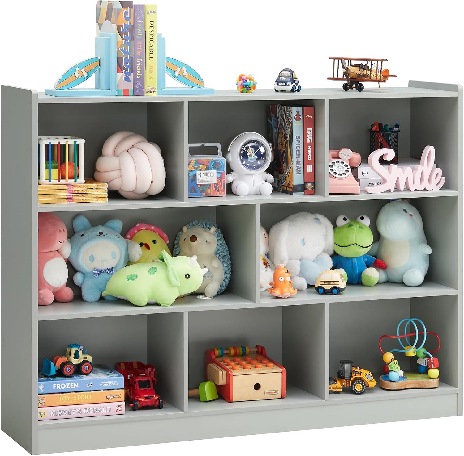 3-Tier Bookshelf, 8-Section Wooden Bookcase, Storage Organizer with Anti-Tilt Device, Modern Storage Display Cabinet for Living Room, Classroom, Kid's Room (Grey)