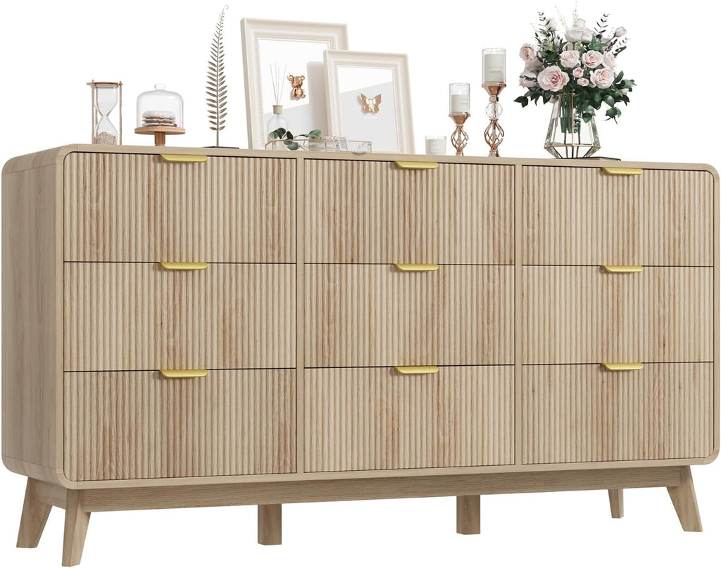 QUW Fluted 59.1' Wide Modern Dresser for Bedroom with 9 Drawers, Tall Chest of Drawers with Metal Handle, Wooden Dresser TV Stand, Hallway, Living Room, Natural Oak