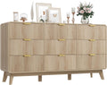 QUW Fluted 59.1' Wide Modern Dresser for Bedroom with 9 Drawers, Tall Chest of Drawers with Metal Handle, Wooden Dresser TV Stand, Hallway, Living Room, Natural Oak