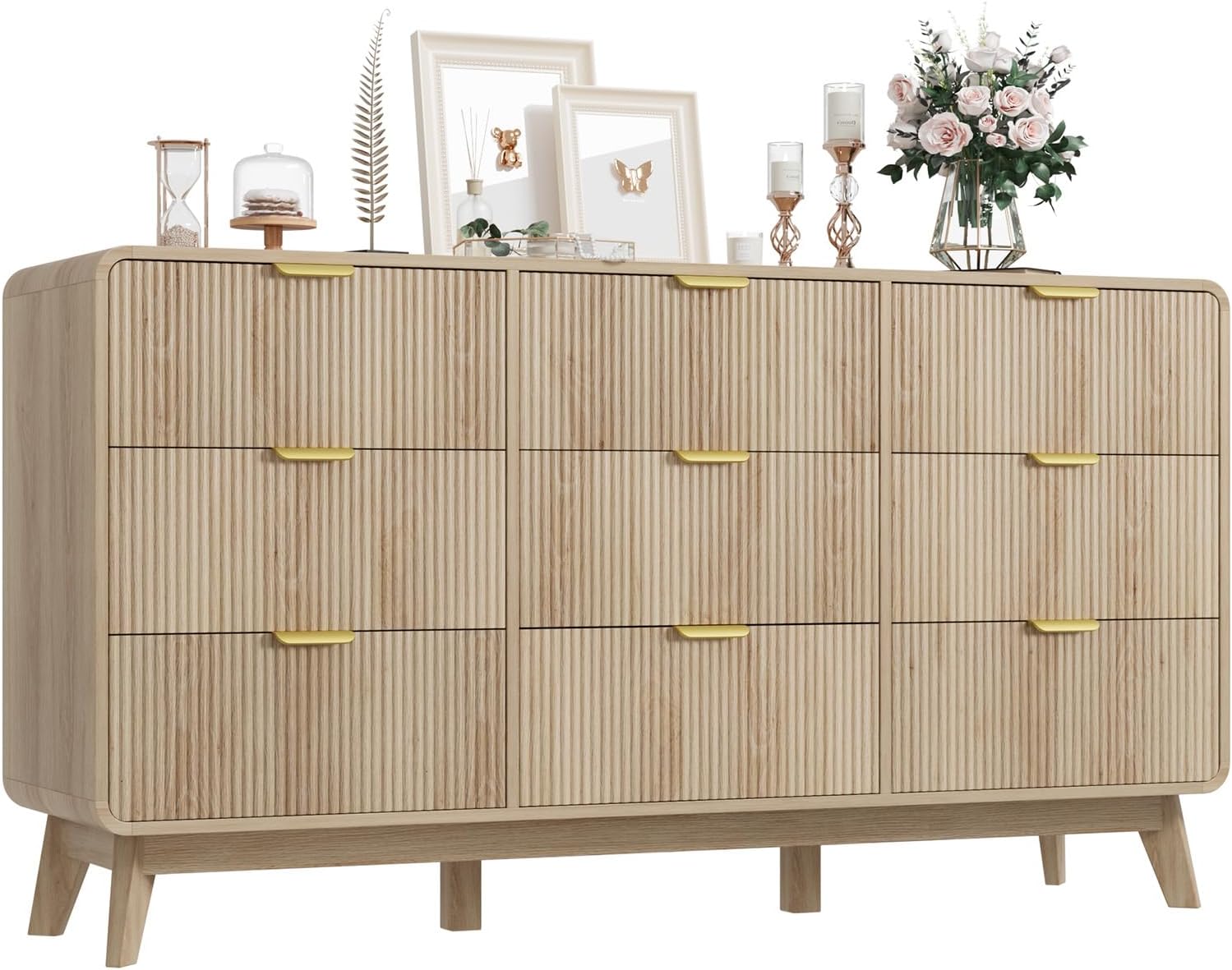QUW Fluted 59.1' Wide Modern Dresser for Bedroom with 9 Drawers, Tall Chest of Drawers with Metal Handle, Wooden Dresser TV Stand, Hallway, Living Room, Natural Oak