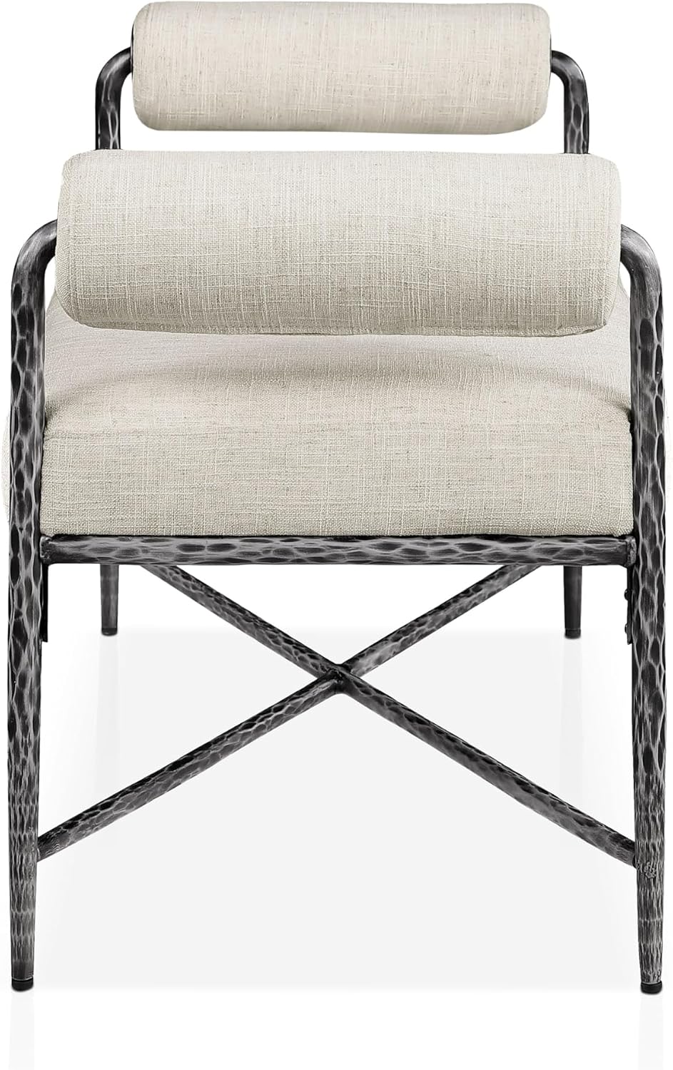 24/7 Shop at Home Lalia Hammered Metal 4-Piece Bedroom Collection, Upholstered Bed Frame with Camelback Headboard, Forged Steel, Bench and Curved Nightstands, Foundation Required, Queen, Matte Grey