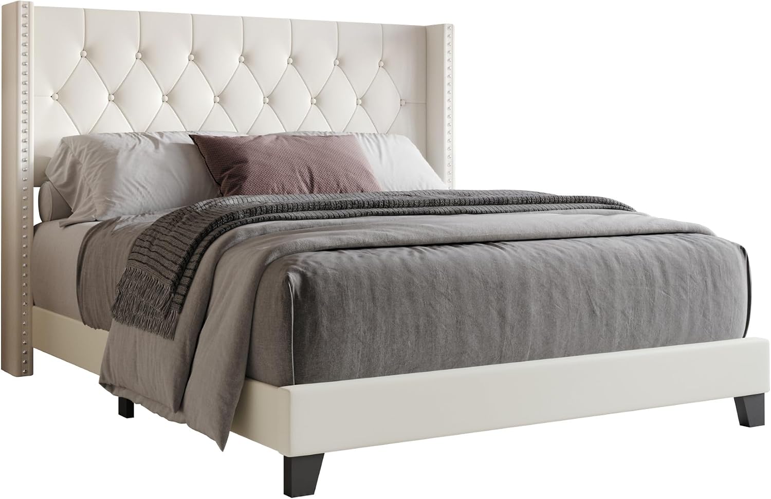 HOME DESIGN Homer Queen Tufted Wingback Upholstered Panel Bed with 2 Matching 1 Drawer Nightstands, Bedroom Furniture Set with Open Shelf Storage, Light Beige Black