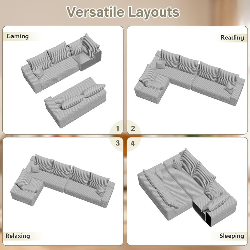 Sectional Cloud Couch for Living Room, Modern Modular Floor Deep-Seat Sofa, Upholstered L Shaped Sofas, Big Comfy Corduroy Couches Set for Living Room Bedroom, No Assembly Required, Grey