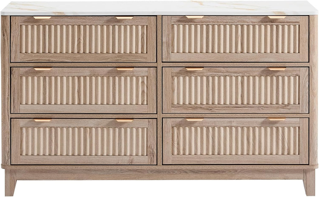 6 Drawers Dresser for Bedroom, 54' Large Storage Dresser, Natural Oak Dressers with Faux Marble Top, Modern Dressers & Chests of Drawers for Living Room Entryway, Natural Fluted 6 drawers dresser