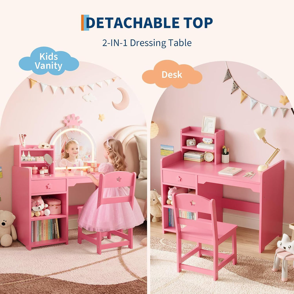 Garvee Kids Vanity with Lighted Mirror, 2 in 1 Princess Vanity Set Toddler Table & Chair Set with Open Bookshelf, Storage Cabinet & Shelves for Little Girls, Pink