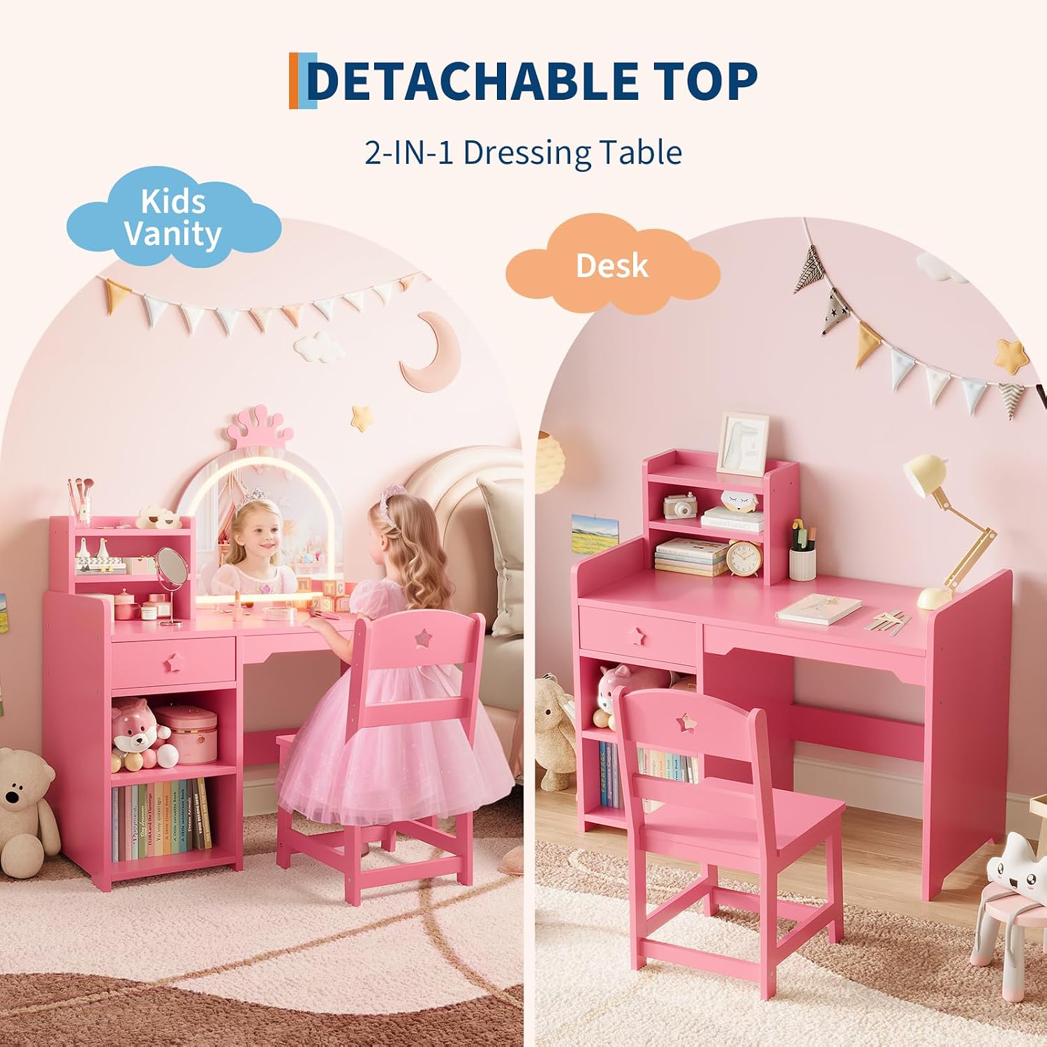 Garvee Kids Vanity with Lighted Mirror, 2 in 1 Princess Vanity Set Toddler Table & Chair Set with Open Bookshelf, Storage Cabinet & Shelves for Little Girls, Pink