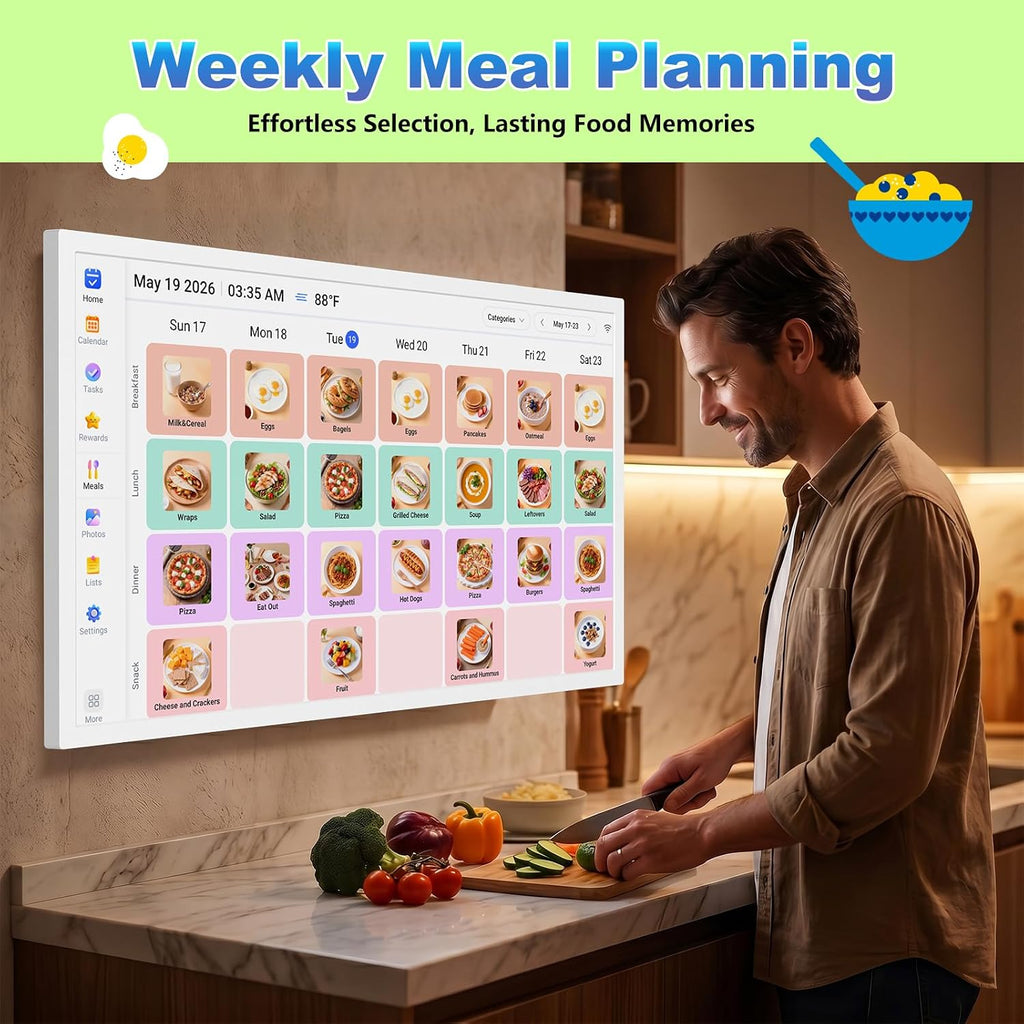 32-inch Digital Calendar Wall-Touch-Screen Whiteboard - Interactive Display Electronic Calendar Picture Frame, Star Reward, Chore Chart, No Subscription, Sync Online Cal, Gift for Family, White