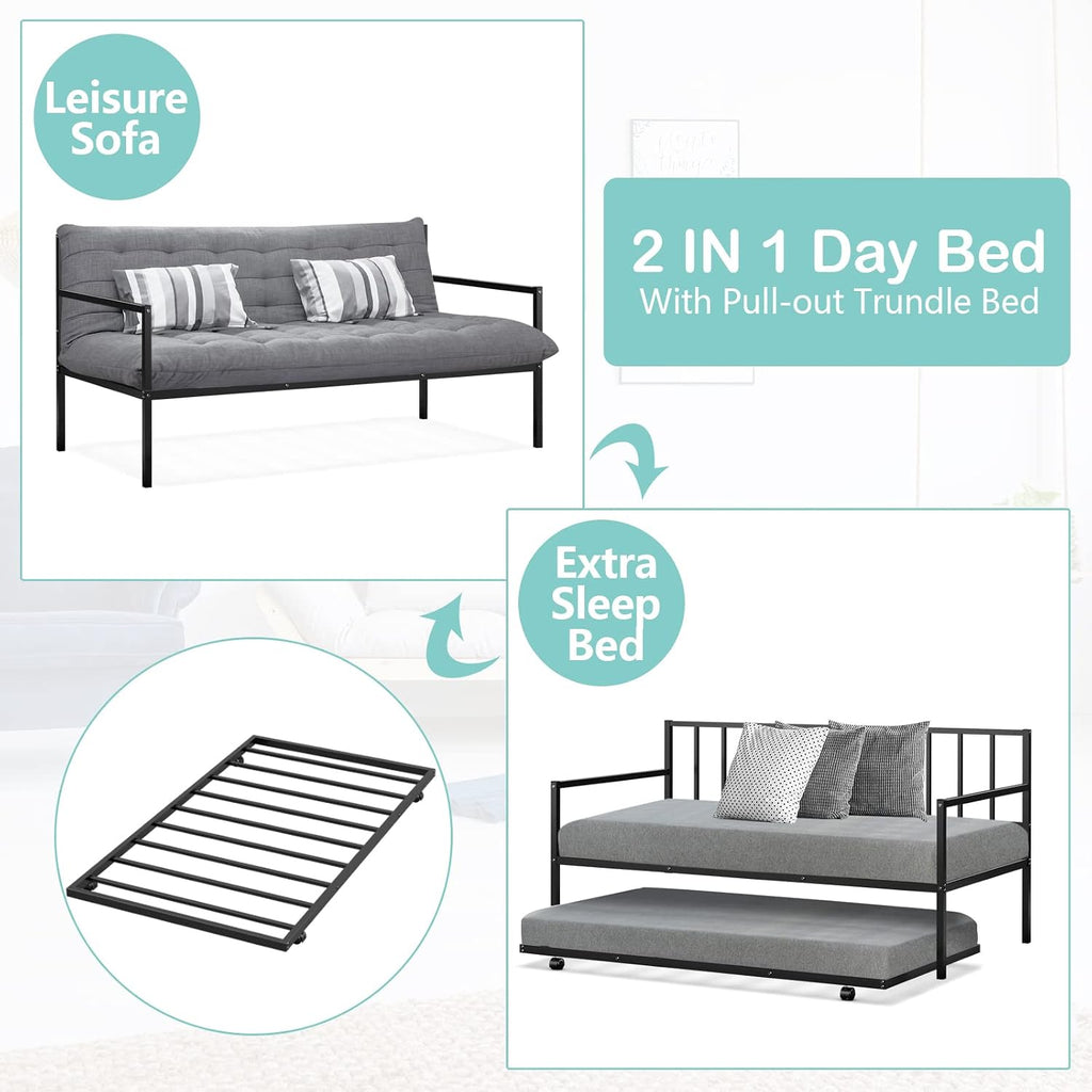 COSTWAY Twin Size Daybed and Trundle, Metal Frame Daybed and Roll Out Trundle w/Steel Slat Support & 4 Lockable Casters, Heavy-Duty Daybed for Guest Room, Bedroom (Black)