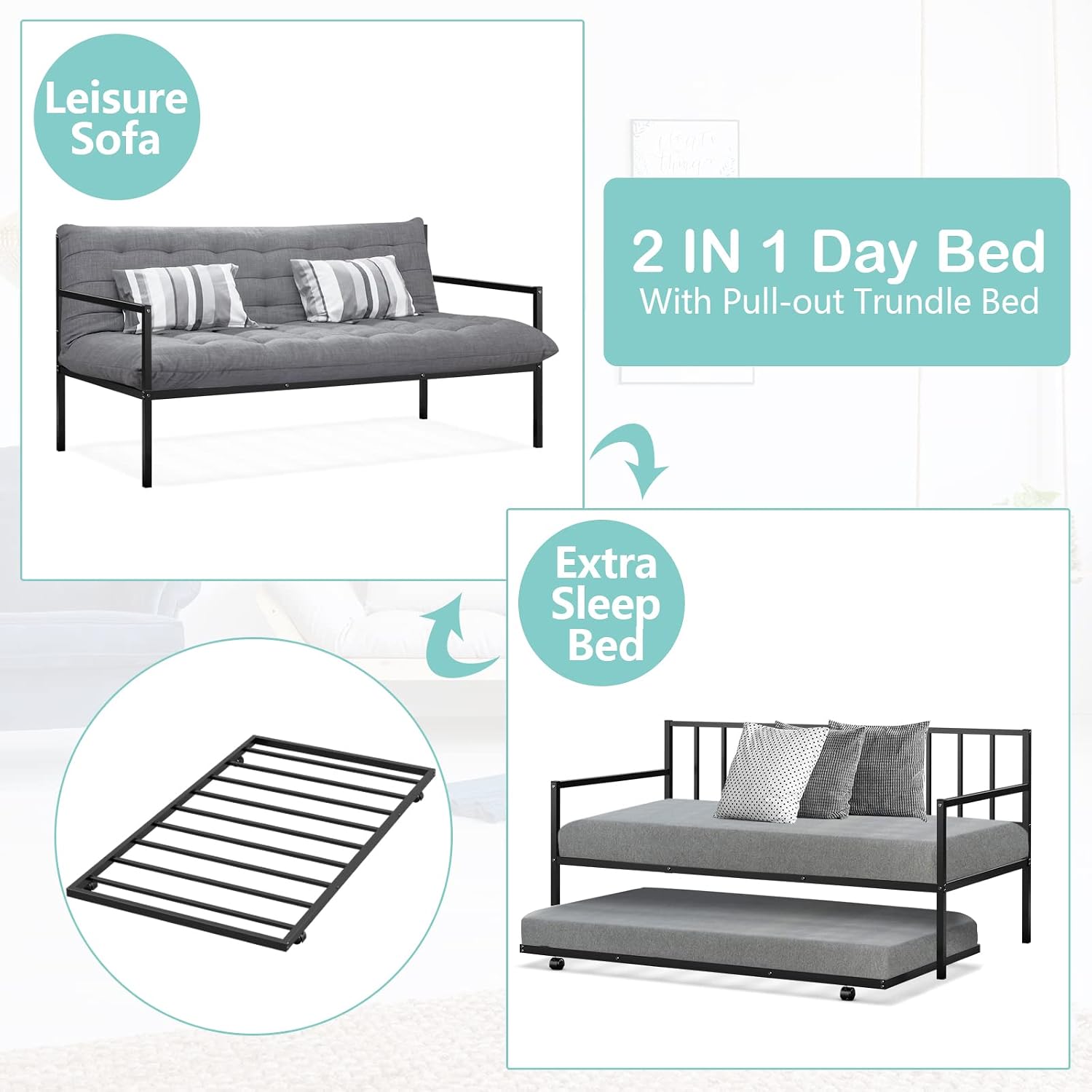 COSTWAY Twin Size Daybed and Trundle, Metal Frame Daybed and Roll Out Trundle w/Steel Slat Support & 4 Lockable Casters, Heavy-Duty Daybed for Guest Room, Bedroom (Black)