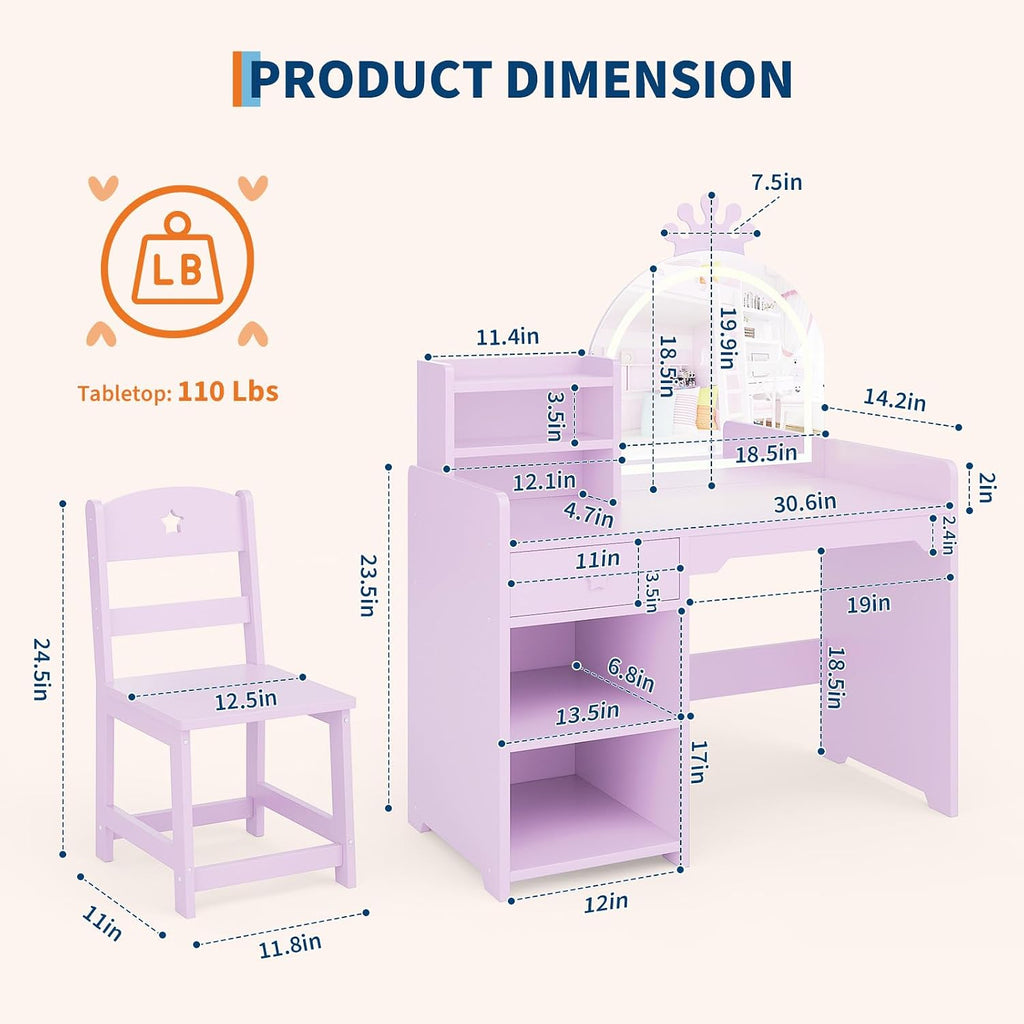Garvee Kids Vanity with Lights, 2 in 1 Princess Makeup Vanity Desk Toddler Vanity Table & Chair Set with Open Bookshelf, Storage Cabinet & Shelves for Little Girls, Purple