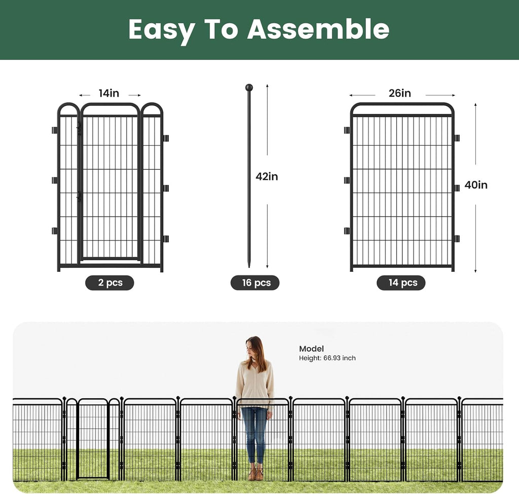 32 in(H) Decorative Garden Fence Outdoor for Yard with 2 Gates,Heavy Duty Iron 16 Panels Total 34.7ft(L) Anti Dig Fence with Gravity Automatic Lock for Indoor/Outdoor Dog Fence for rv Camping,Black