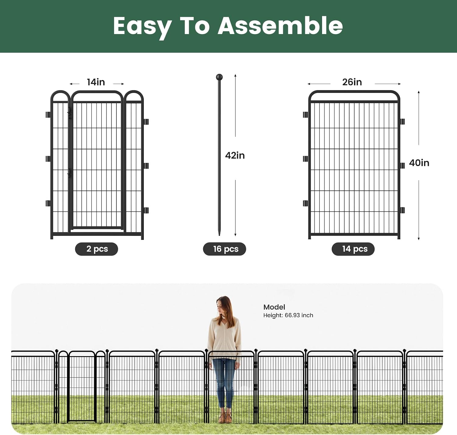 32 in(H) Decorative Garden Fence Outdoor for Yard with 2 Gates,Heavy Duty Iron 16 Panels Total 34.7ft(L) Anti Dig Fence with Gravity Automatic Lock for Indoor/Outdoor Dog Fence for rv Camping,Black