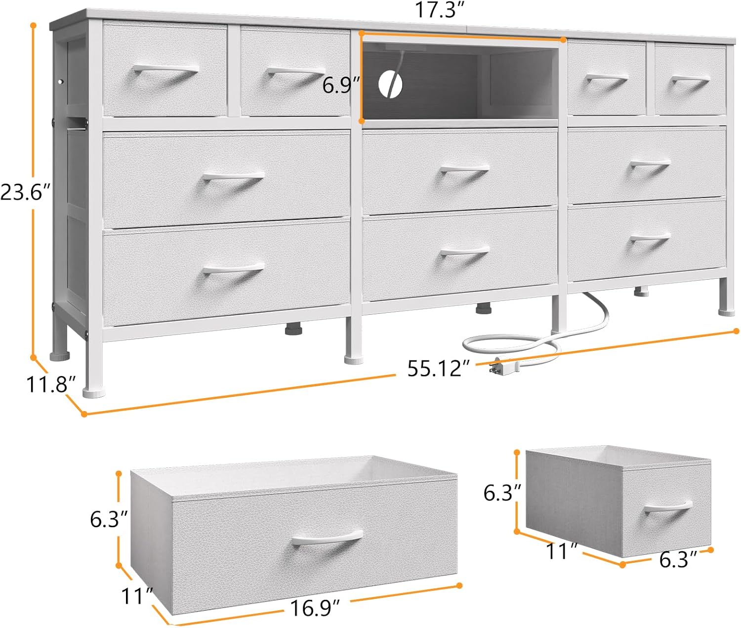 White Dresser for Bedroom with LED Lights and Power Outlets, 55' TV Stand with 10 Drawers & Open Shelves, Fabric Chest of Drawers with PU Finish, Metal Frame, Wood Top (White)