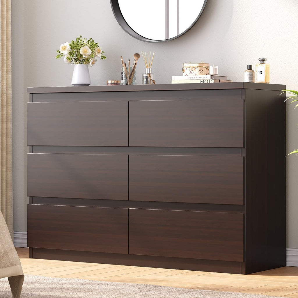 Jocoevol Modern 6 Drawer Dresser Brown Dresser for Bedroom, Simply Chest of Drawers, Wood Storage Dresser with Deep Drawers for Living Room Hallway Entryway, Brown