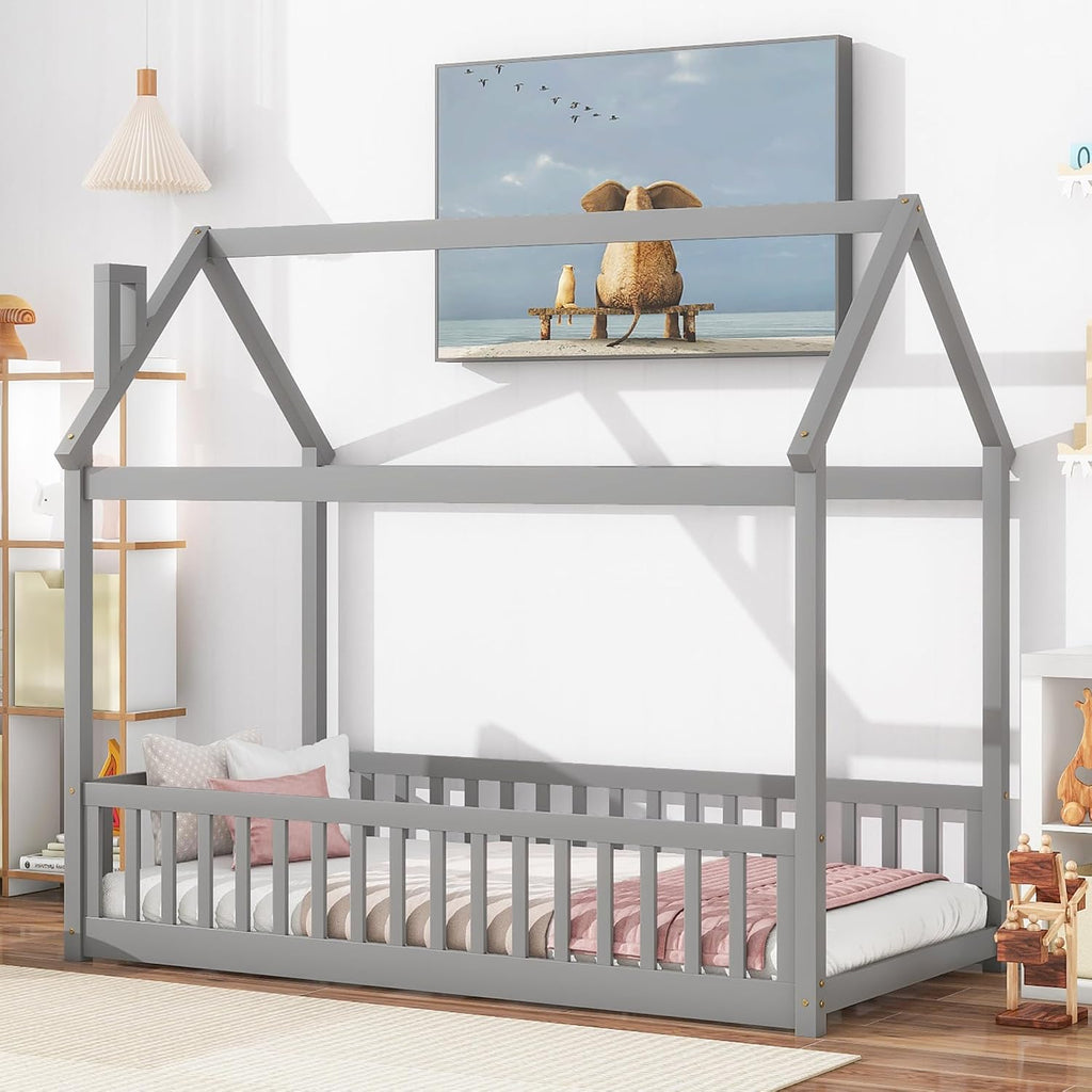 Twin Floor Bed with Slats, Twin Floor Bed for Children, Wooden Montessori Bed with Fence, House Bed for Boys Girls Bedroom - Grey