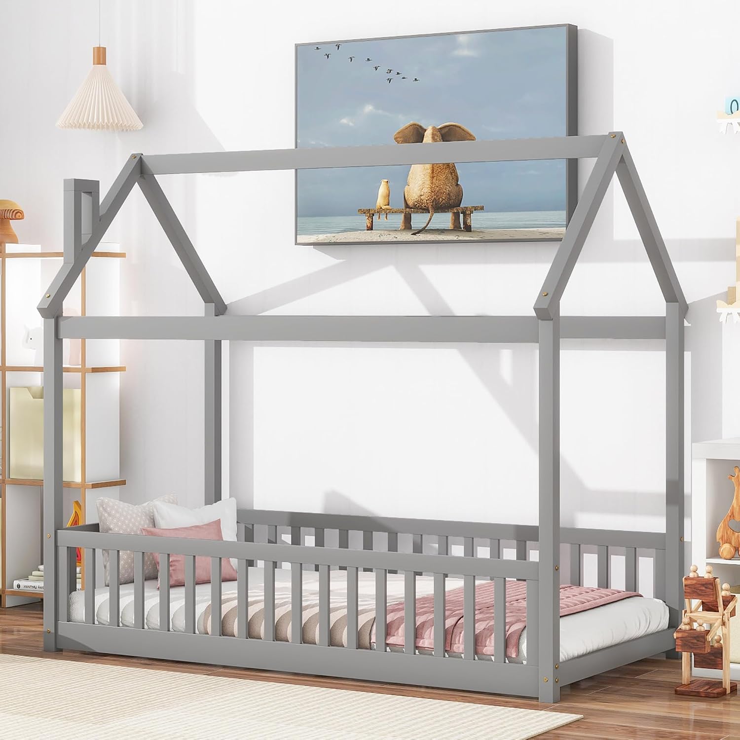 Twin Floor Bed with Slats, Twin Floor Bed for Children, Wooden Montessori Bed with Fence, House Bed for Boys Girls Bedroom - Grey