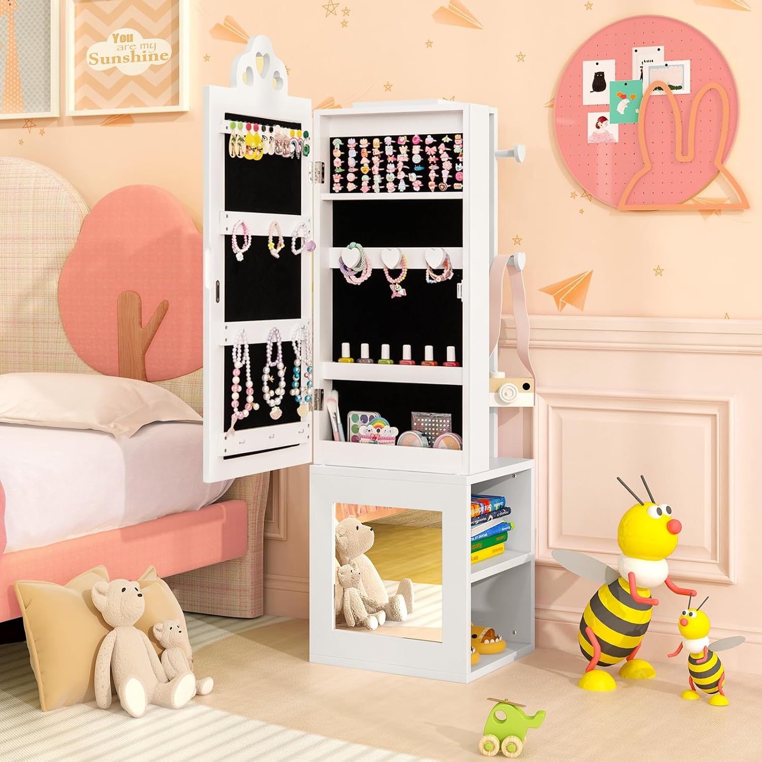 HONEY JOY 4 Piece Kids Vanity Set & Jewelry Armoire Cabinet, Snowflake Wooden Makeup Table & Chair Set, Dress Up Jewelry Organizer w/Full-Length Mirror, Kids Bedroom Furniture for Playroom (Pink)