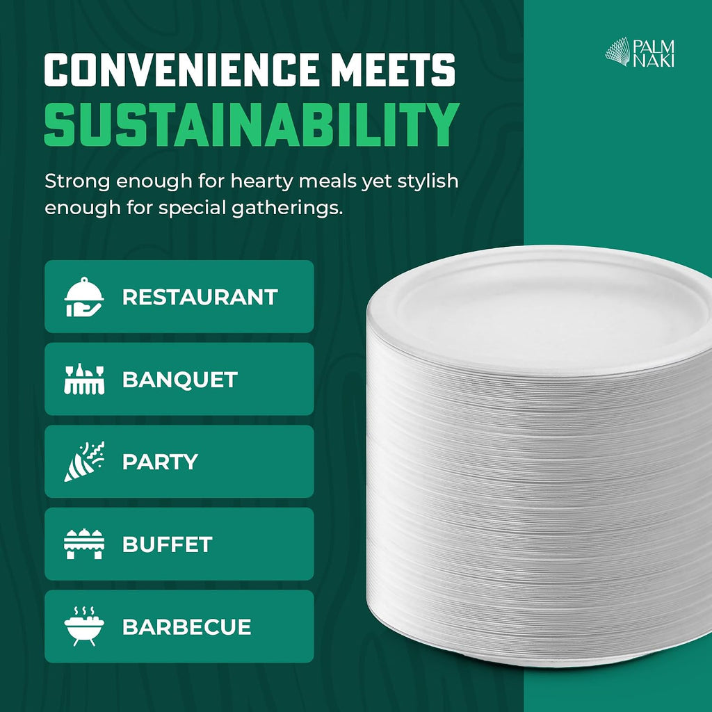 Bulk Case: 9' Heavy Duty Paper Plates | Compostable & Biodegradable | Made from Sugarcane Bagasse | Leak-Resistant & Sturdy | Microwave Safe | PFAS-Free | 9 Inch | 8 x 80-Pack (640 Pcs) | Palm Naki