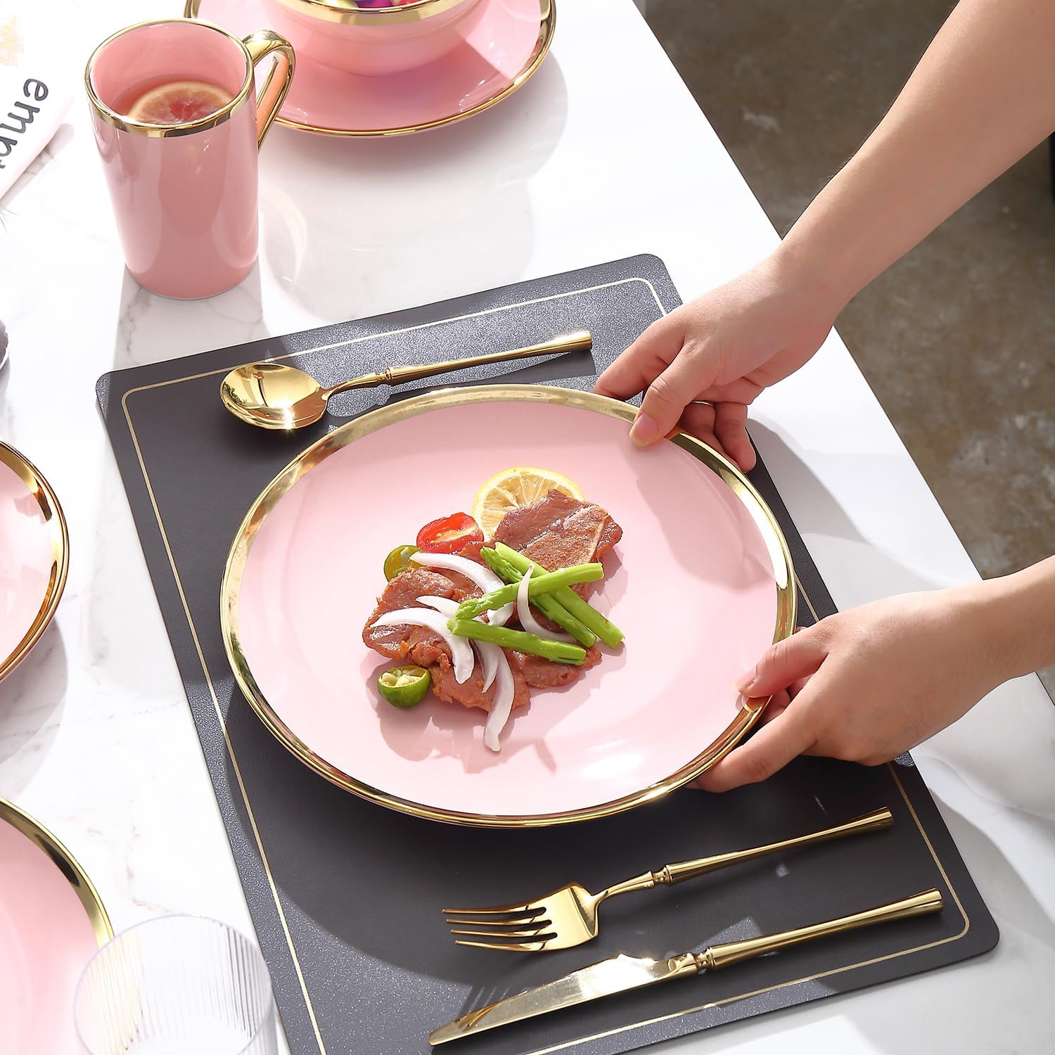 Modern Porcelain 16 Piece Pink Dinnerware Set, Stoneware Dinnerware Sets for 4,Plates and Bowls Sets, Dinnerware with Gold Trim, Gold Dish Set,Pink and Golden Rim.