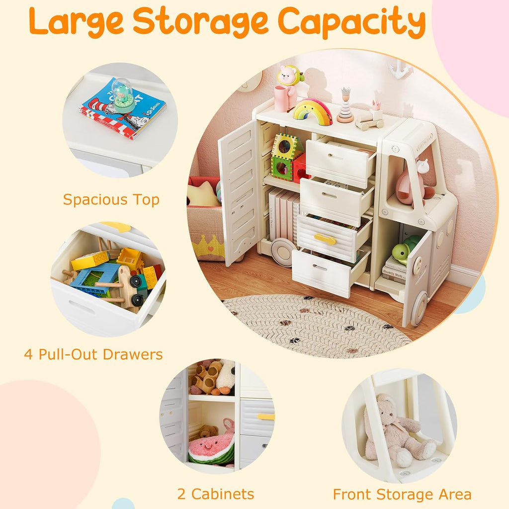 Costzon Kids Toy Storage Organizer, Toy Shelf w/ 4 Pull-Out Drawers, Enclosed Cabinets & Drawing Board, Car-Shaped Kids Bookshelf for Playroom, Toddler Room, Classroom & Nursery