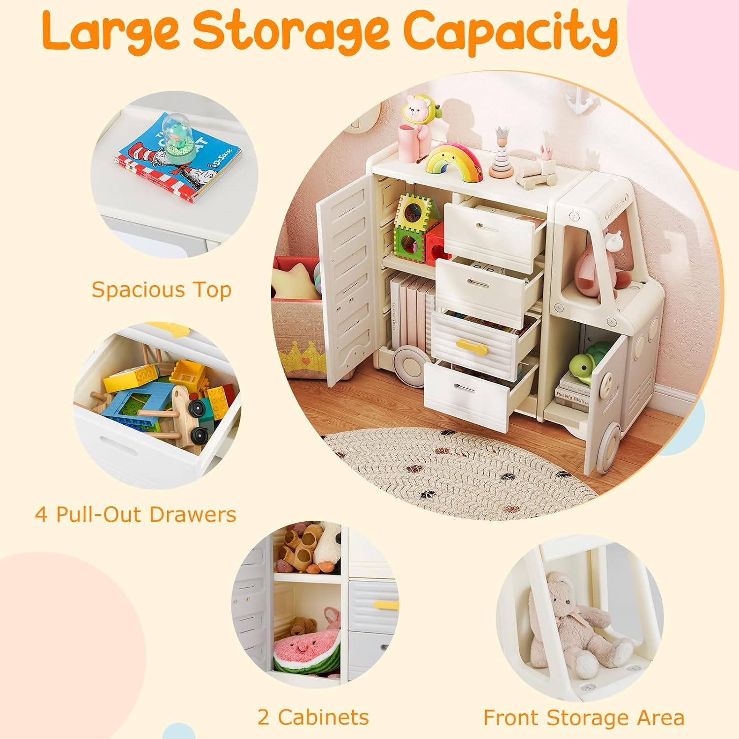 Costzon Kids Toy Storage Organizer, Toy Shelf w/ 4 Pull-Out Drawers, Enclosed Cabinets & Drawing Board, Car-Shaped Kids Bookshelf for Playroom, Toddler Room, Classroom & Nursery
