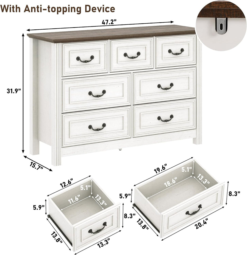 chartustriable Farmhouse 7 Drawer Dresser for Bedroom, 47' Wood Chest of Drawers with Rustic Handles, Wide Closet Dressers Organizer, Living Room, Hallway, Bedroom Furniture(7 Drawers White)