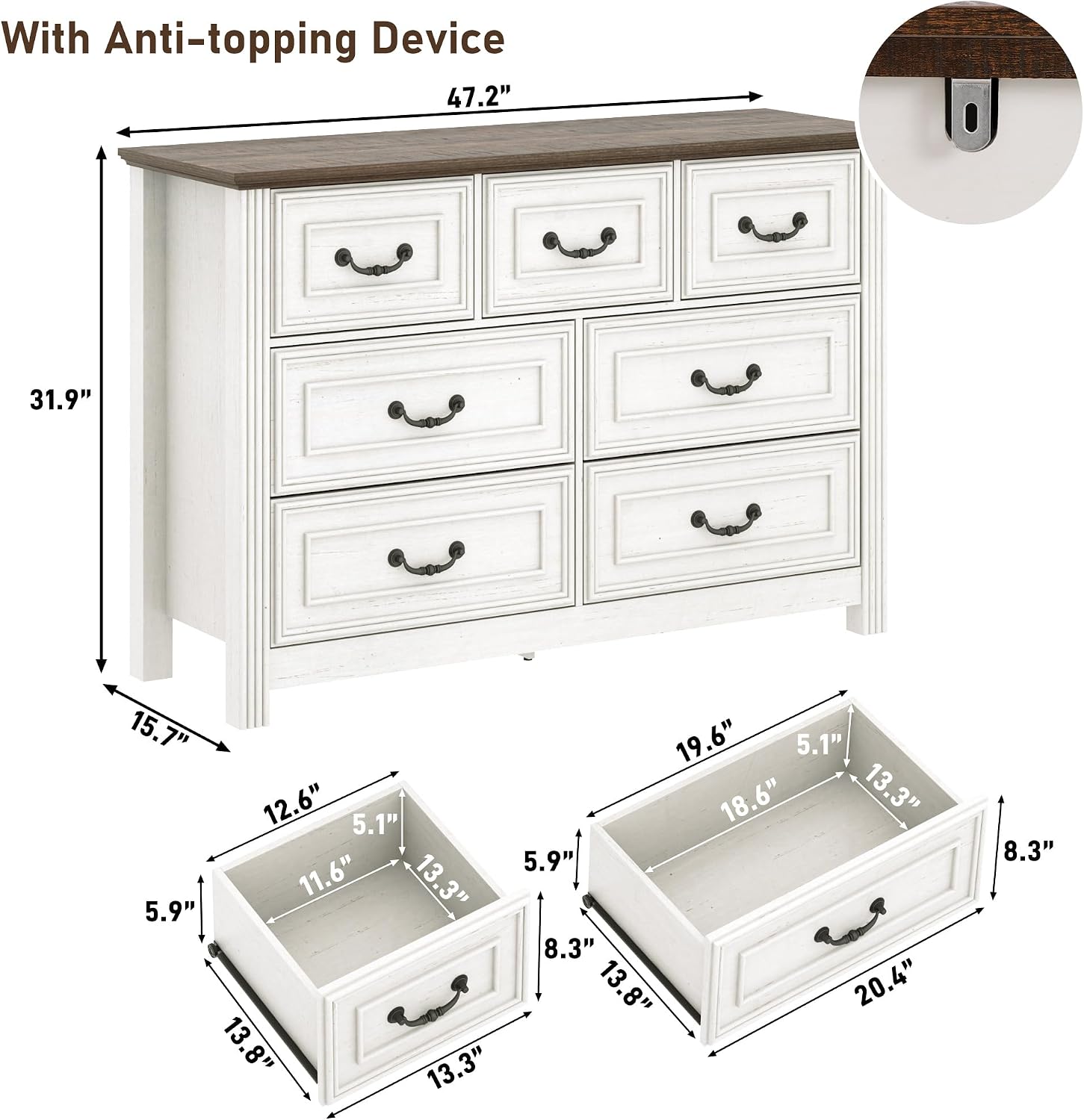 chartustriable Farmhouse 7 Drawer Dresser for Bedroom, 47' Wood Chest of Drawers with Rustic Handles, Wide Closet Dressers Organizer, Living Room, Hallway, Bedroom Furniture(7 Drawers White)