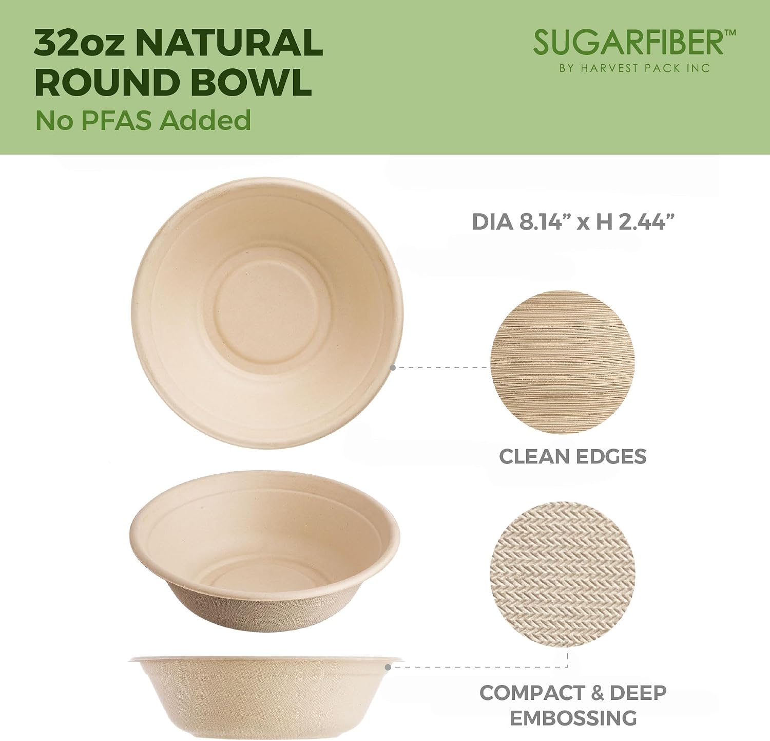 [500 SET]Harvest Pack PFAS FREE 32oz Compostable Round Paper Bowls with Dome Lids, Heavy-Duty Eco-Friendly Disposable Bagasse Salad Bowl, from Sugarcane plant fibers for Meal Prep