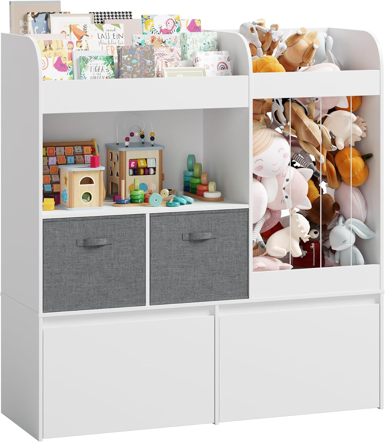 42.9'' Toy Storage, Large Stuffed Animal Holder with Toy Chest and Play Mat, Toy Organizer with Kids Bookshelf, Wooden Organization with 2 Movable Drawers for Kids Room Bedroom Playroom,White