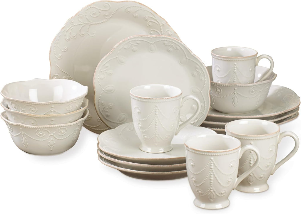 Lenox Dinnerware Set, French Perle White 16-Piece Set, Service For 4, Stoneware Material, Dishwasher Safe, Microwave Safe, Plates, Bowls, Mugs, Plates and Bowls, Dishes (White, 16 Piece)