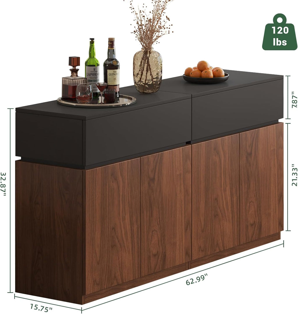 63' Mid-Century Modern Buffet Cabinet Sideboard with Storage, Credenza with Drawers & Doors, Adjustable Shelves & Thickened Back Panel, Coffee Bar Console Table for Dining Room Living Room Kitchen