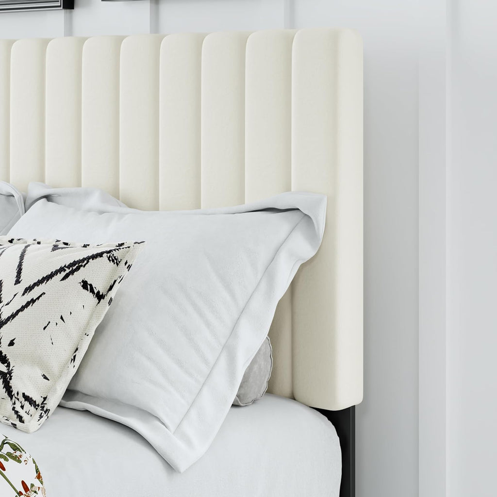Full Size Bed Frame, Velvet Upholstered Platform Bed with Adjustable Tufted Headboard, Sturdy Frame and Slats, No Noiseless, No Box Spring Required, Easy Assembly, Beige