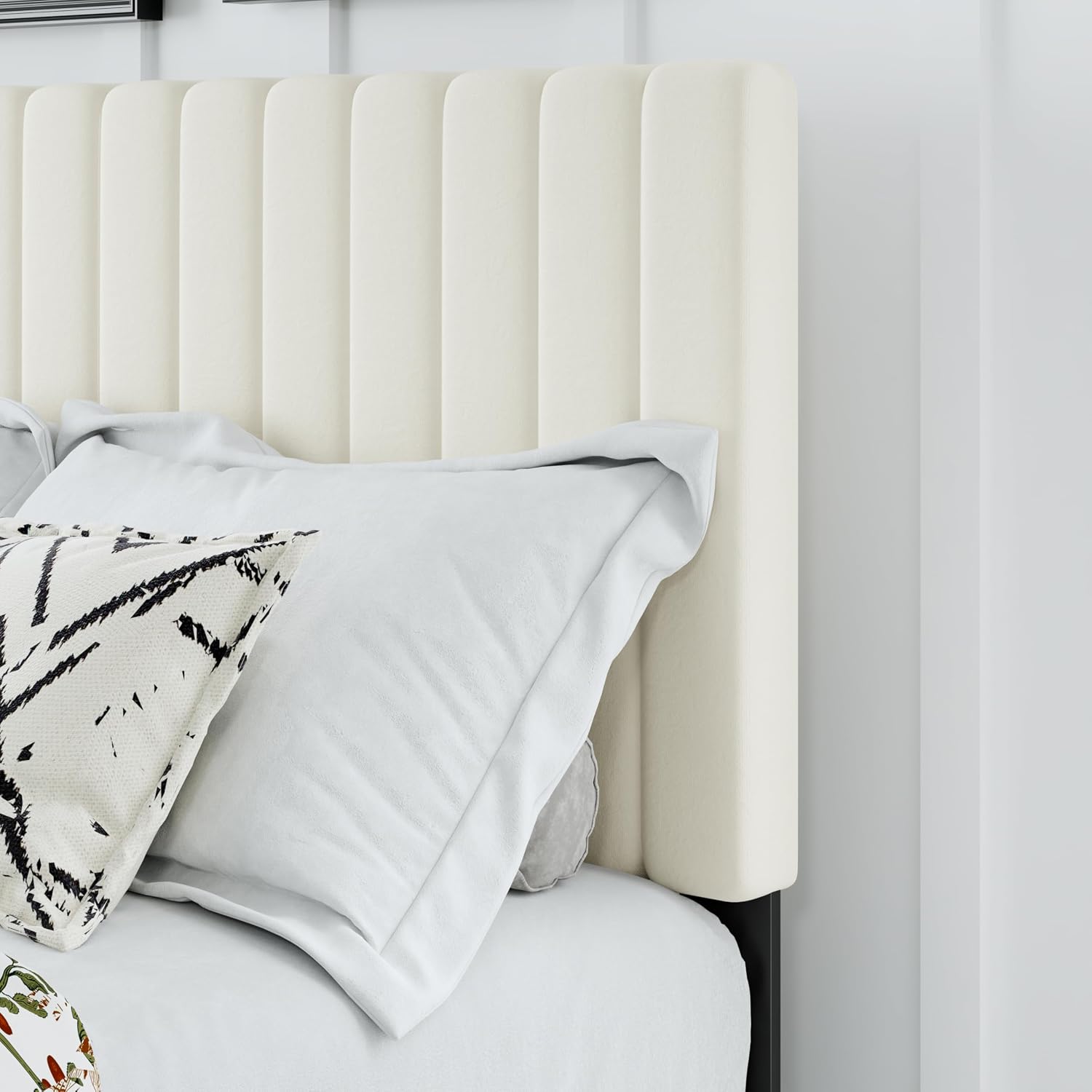 Full Size Bed Frame, Velvet Upholstered Platform Bed with Adjustable Tufted Headboard, Sturdy Frame and Slats, No Noiseless, No Box Spring Required, Easy Assembly, Beige