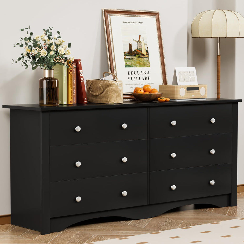 YESHOMY Black Dresser for Bedroom with 6 Drawers, 47.2' Wide Modern Chest of Drawers, Wooden Dresser, Storage Organizer for Living Room, Hallway