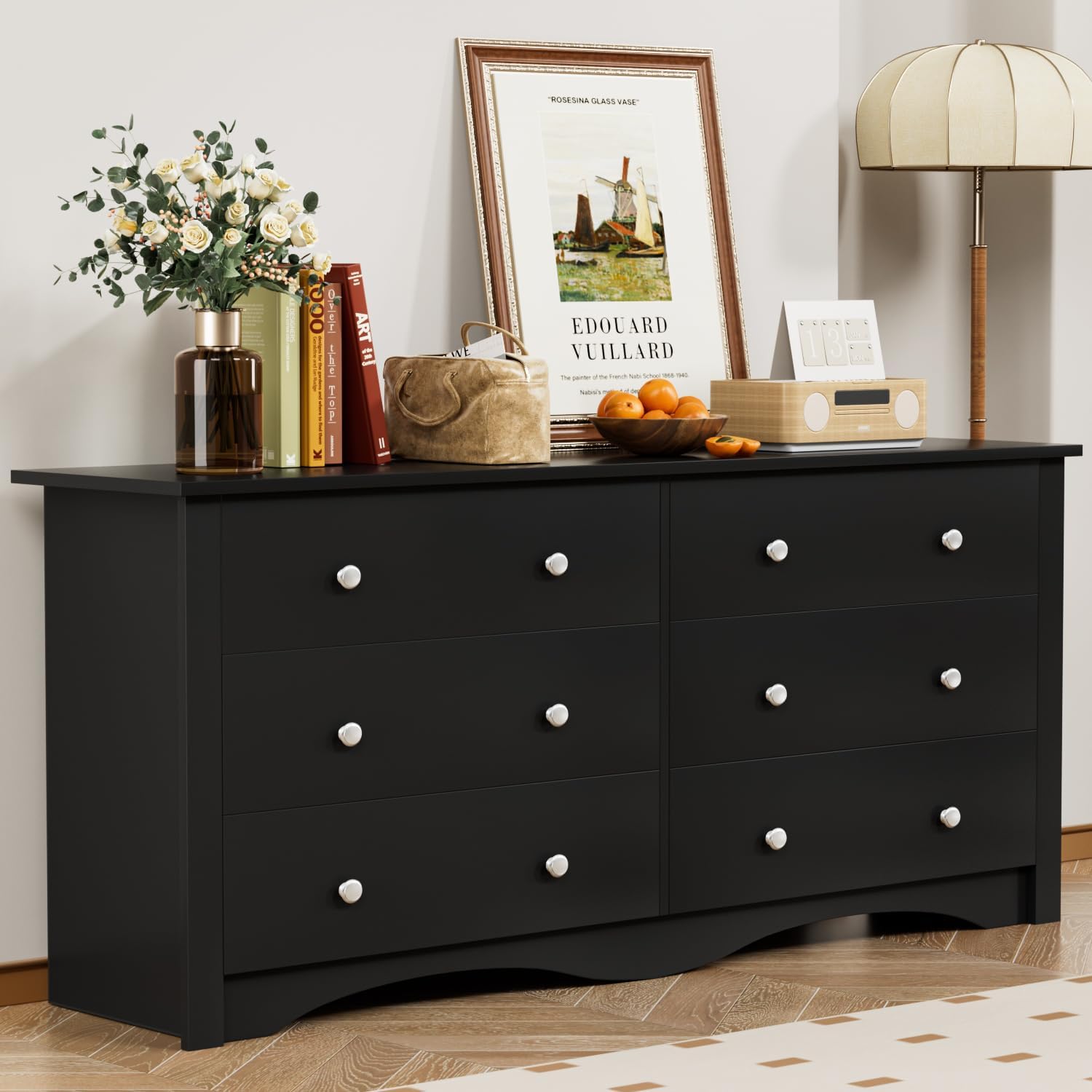 YESHOMY Black Dresser for Bedroom with 6 Drawers, 47.2' Wide Modern Chest of Drawers, Wooden Dresser, Storage Organizer for Living Room, Hallway
