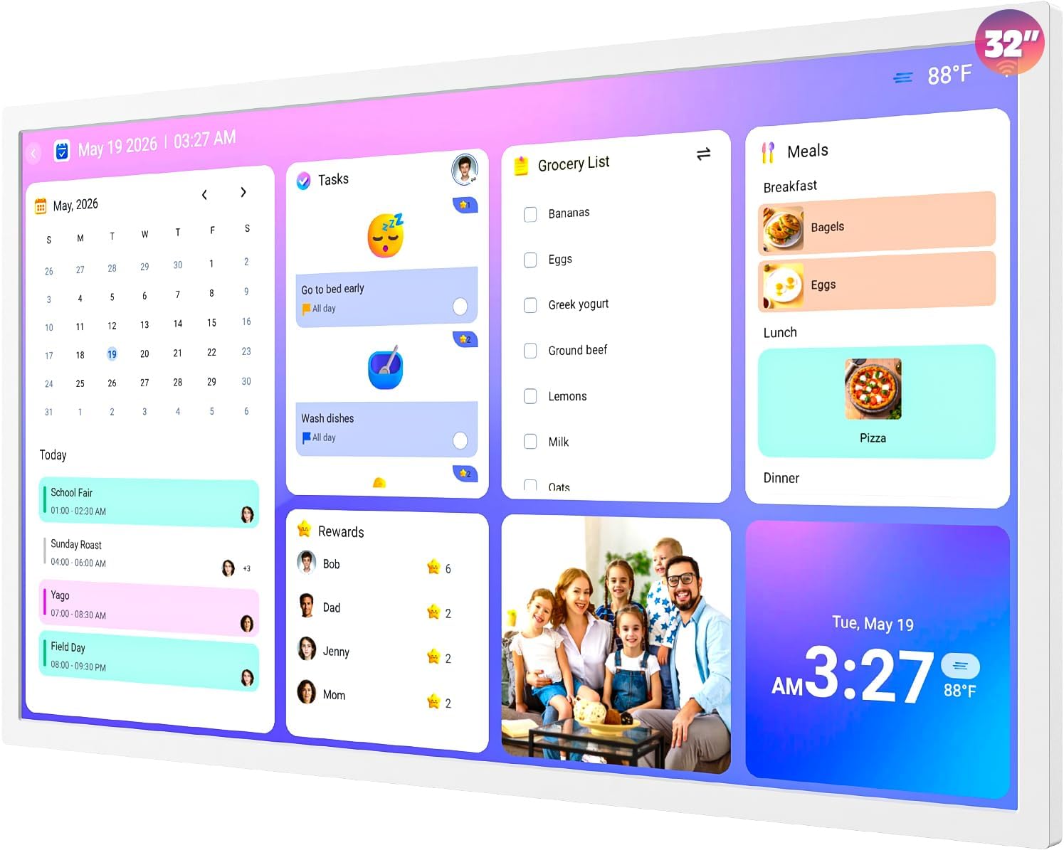 32-inch Digital Calendar Wall-Touch-Screen Whiteboard - Interactive Display Electronic Calendar Picture Frame, Star Reward, Chore Chart, No Subscription, Sync Online Cal, Gift for Family, White