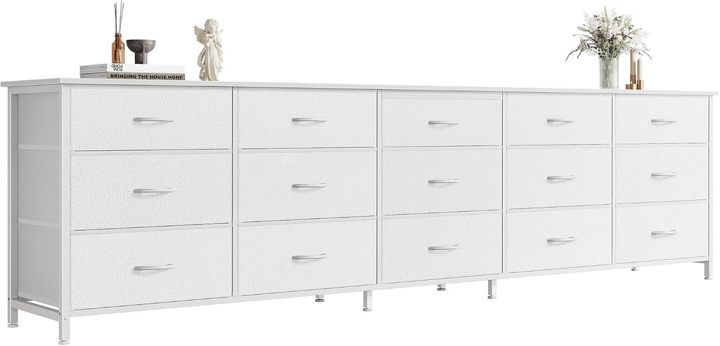 Huuger 78.7 inch Long Dresser for Bedroom, 15 Drawer Fabric Dresser for Closet, Large TV Stand for 65, 75, 85 inch TV, Wide Chest of Drawer with Storage, 78.7' W x 12.9' D x 26.7' H, White