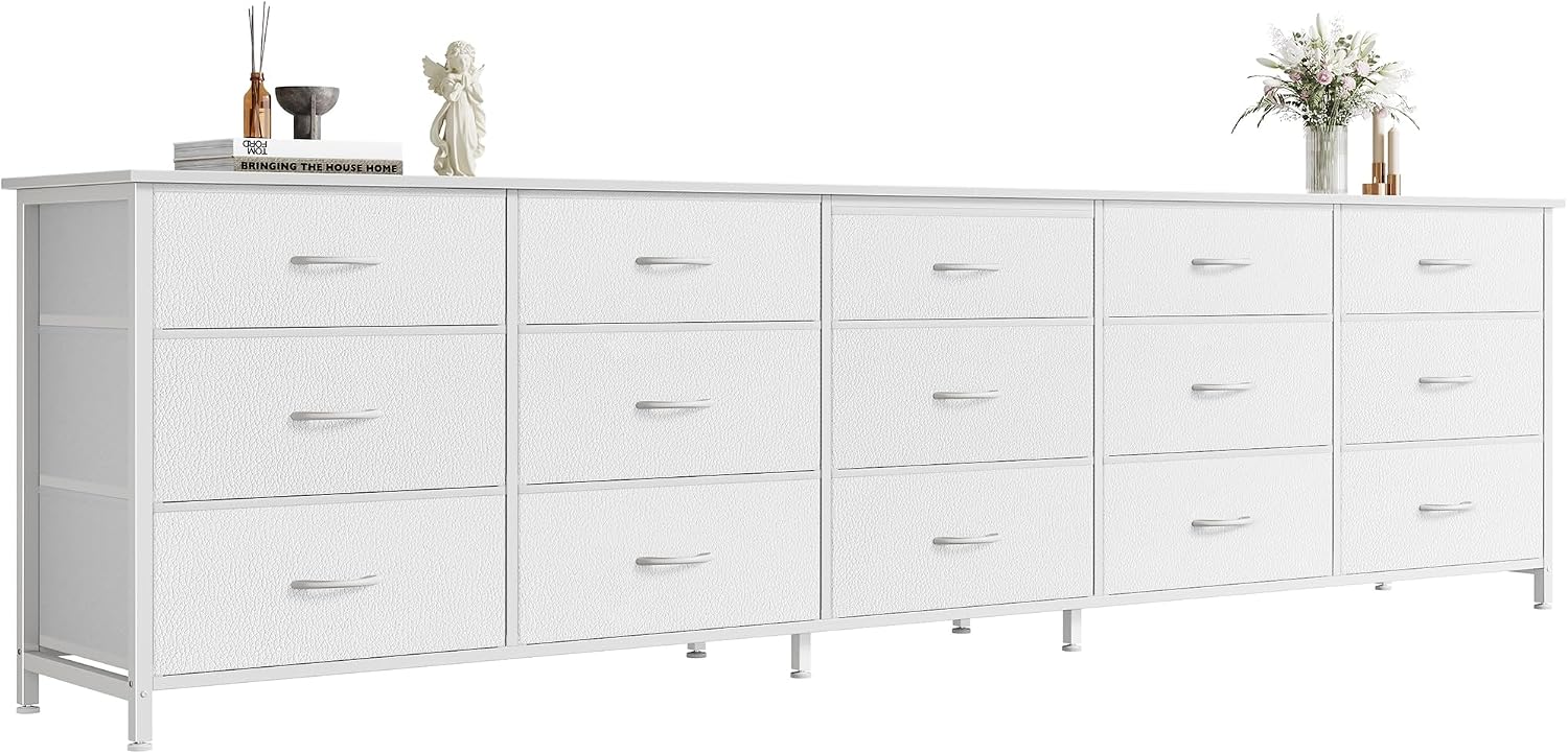 Huuger 78.7 inch Long Dresser for Bedroom, 15 Drawer Fabric Dresser for Closet, Large TV Stand for 65, 75, 85 inch TV, Wide Chest of Drawer with Storage, 78.7' W x 12.9' D x 26.7' H, White