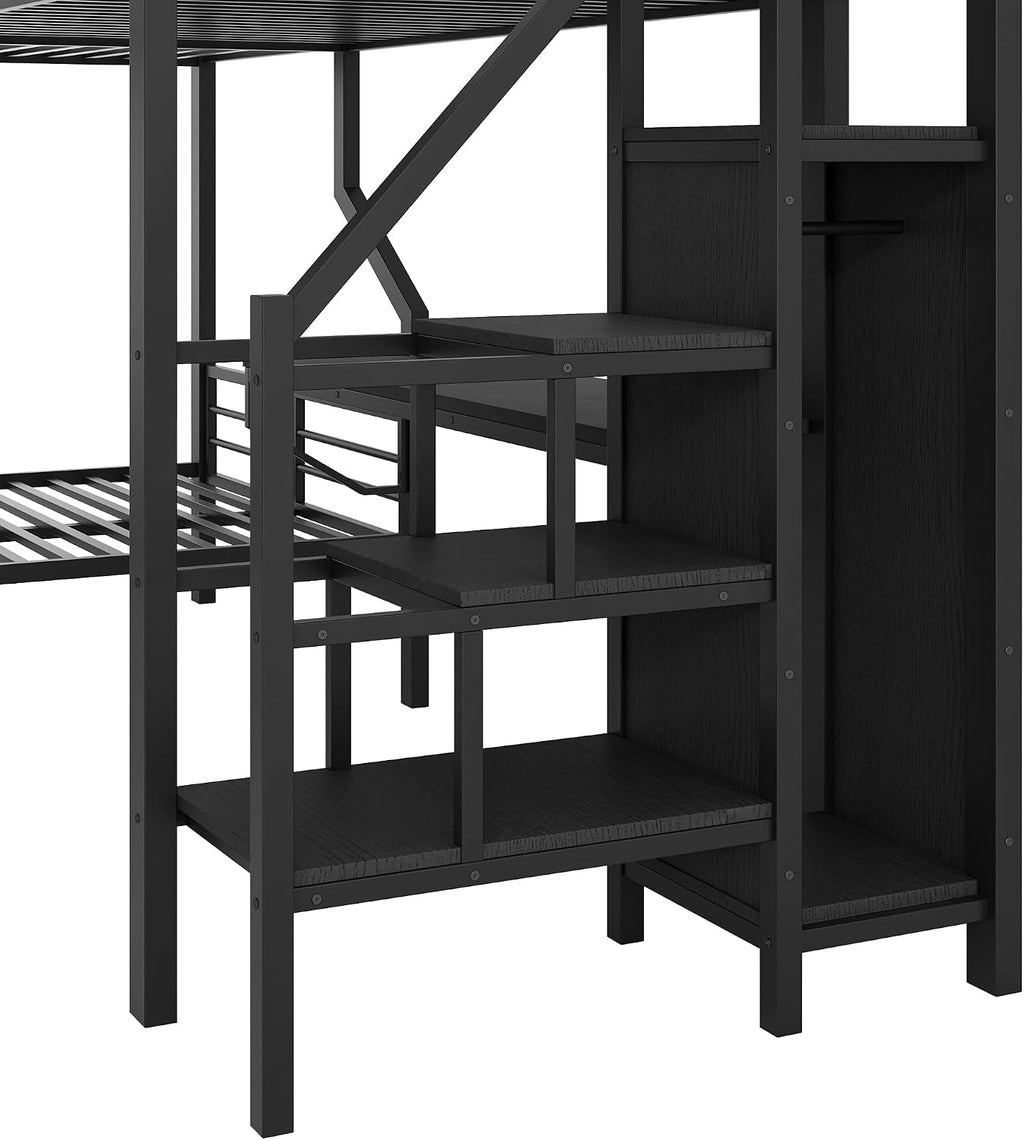 Merax Twin Over Full L-Shaped Metal Loft Bunk Bed with Built-in Desk, Storage Cabinet, and USB Charging Station – Modern Space-Saving Bedroom Set, Black