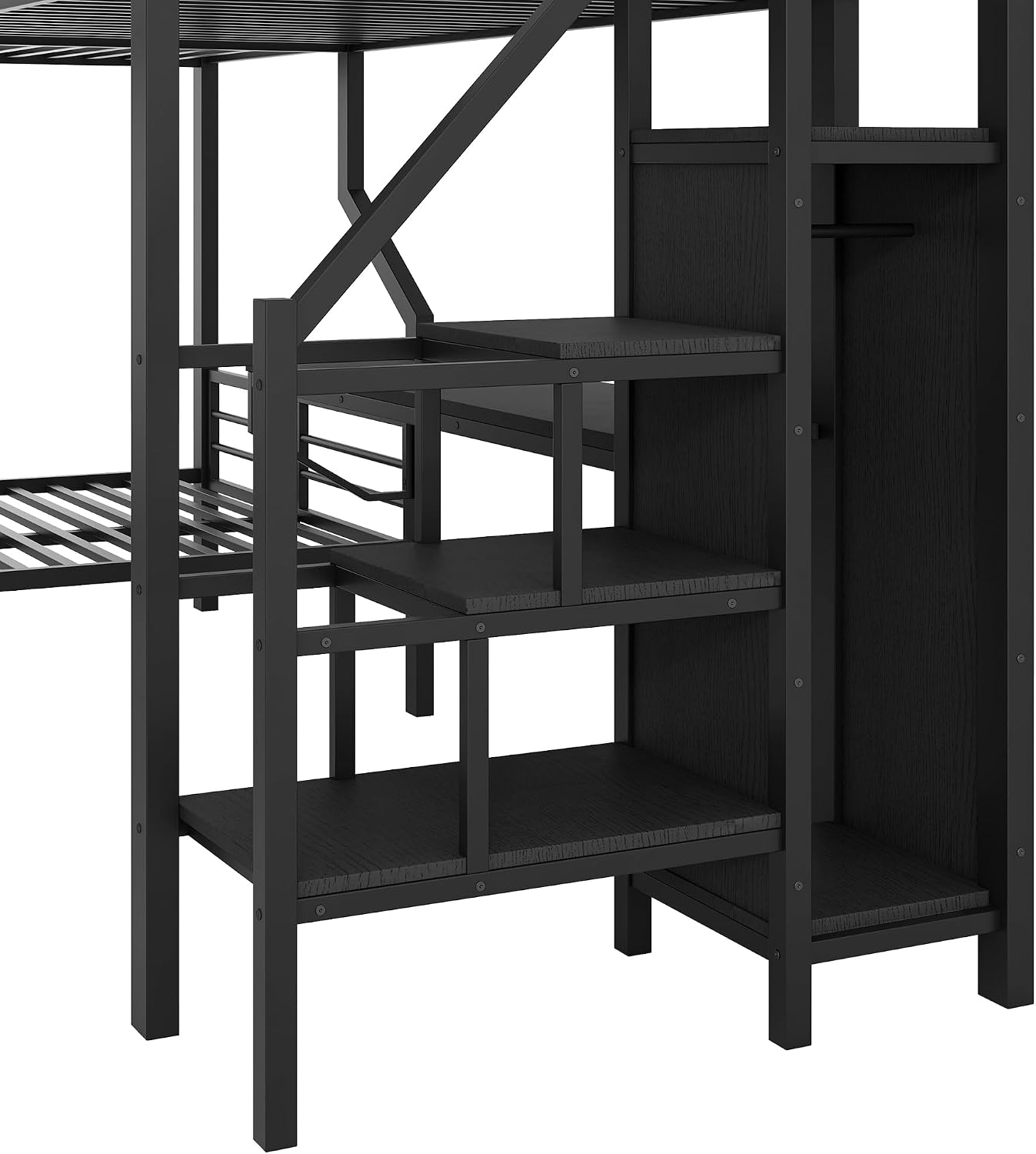 Merax Twin Over Full L-Shaped Metal Loft Bunk Bed with Built-in Desk, Storage Cabinet, and USB Charging Station – Modern Space-Saving Bedroom Set, Black